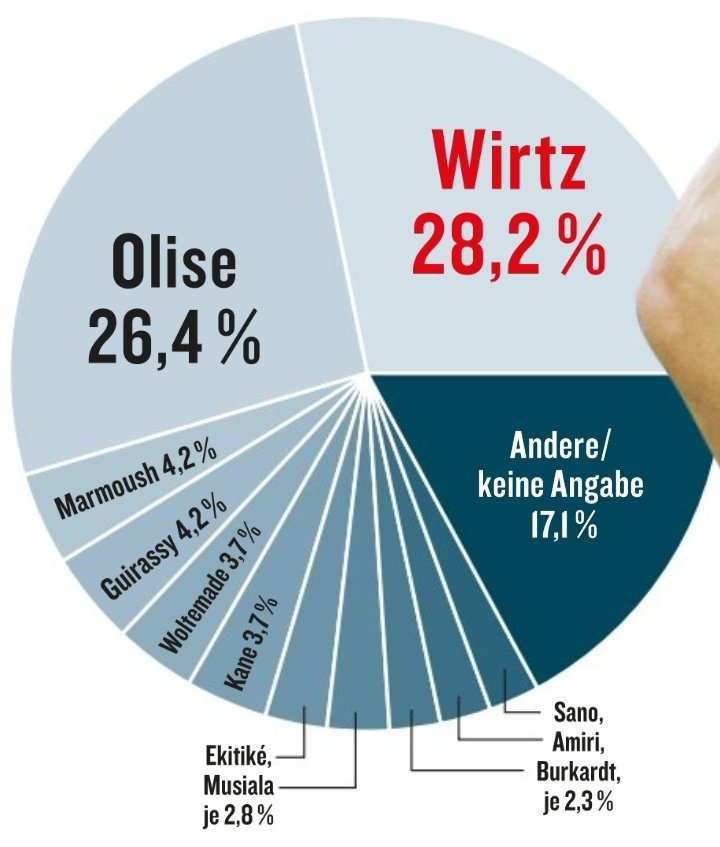 《踢球者》票選德甲賽季最佳球員：維爾茨28.2%，奧利塞第二